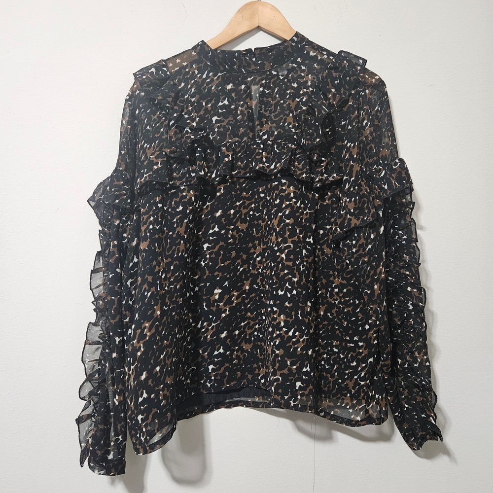 Mudpie Womens Leopard Print Ruffle Long Sleeve Blouse Mock Neck Black Brown L